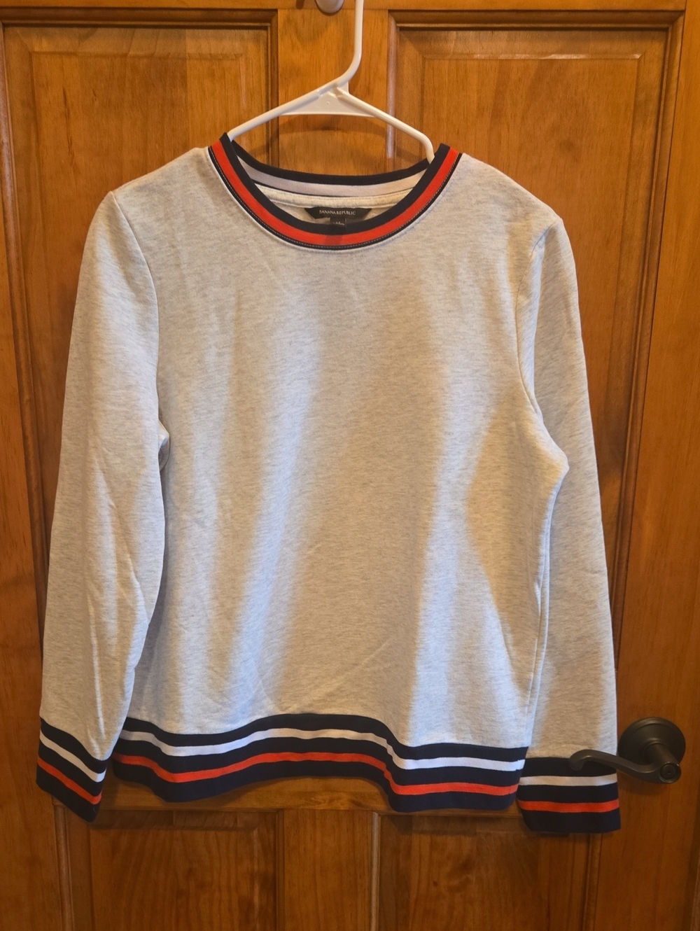 Banana Republic Light Gray Crewneck Sweatshirt with Red & Navy Trim